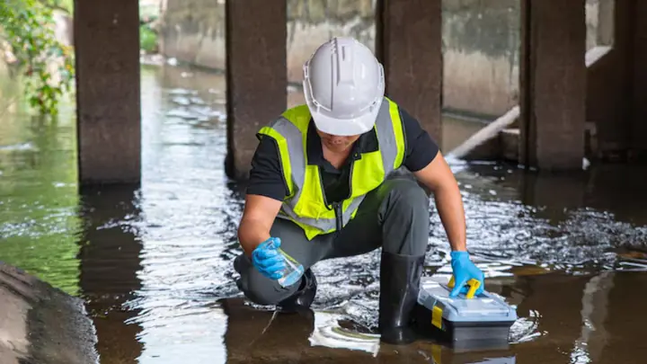 Worker in a hard hat and safety vest checking a flooded basement