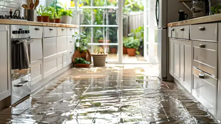 Kitchen floor covered in water in front of a refrigerator