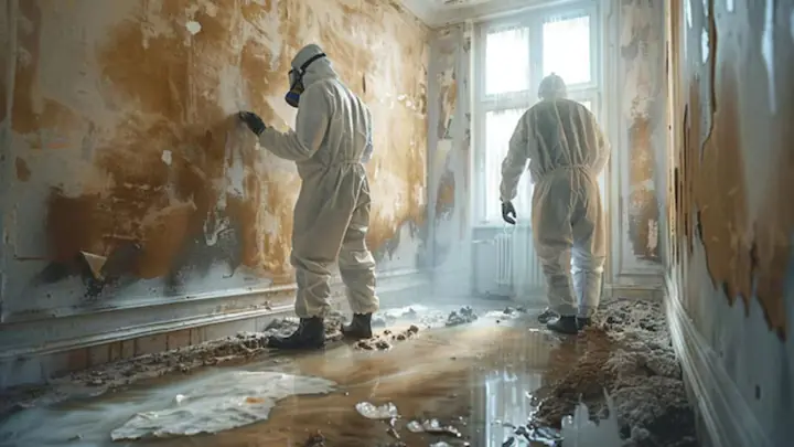 Two workers in protective suits inspecting a mold-stained wall in a room