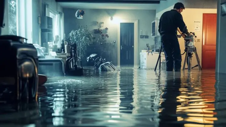 Technician working with equipment in a flooded room