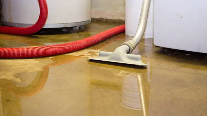 Wet vacuum with a red hose extracting water from a basement floor